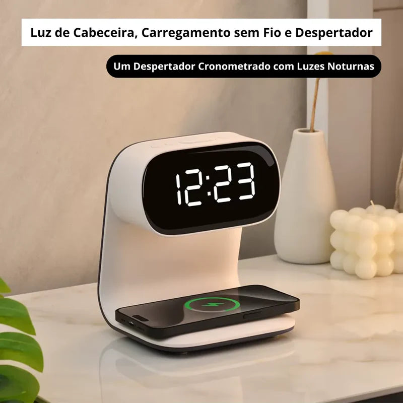 Relógio Despertador LED com Carregamento Sem Fio para Celular 3 em 1