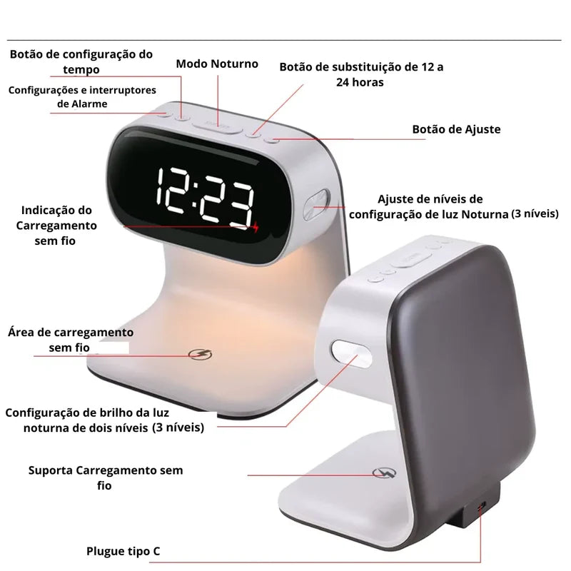 Relógio Despertador LED com Carregamento Sem Fio para Celular 3 em 1